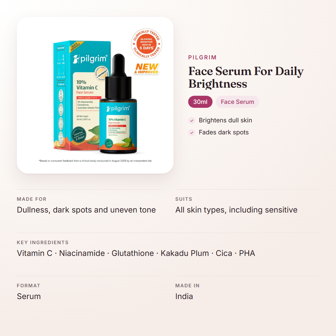 Pilgrim Face Serum For Daily Brightness (30ml) – at a glance: what it is for, who it suits and key ingredients