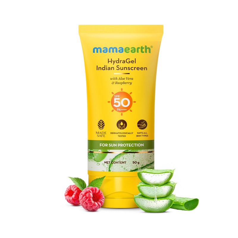 Mamaearth HydraGel Indian Sunscreen SPF 50 with Aloe Vera & Raspberry (50g)