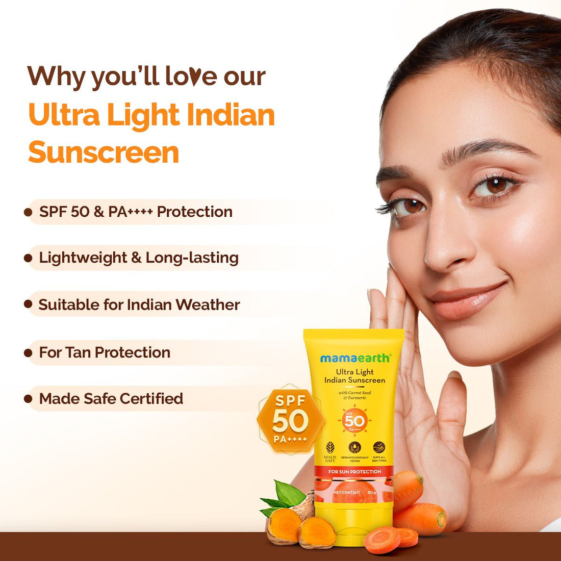 Mamaearth Ultra Light Indian Sunscreen SPF 50 with Carrot Seed & Turmeric (50g) – photo 2