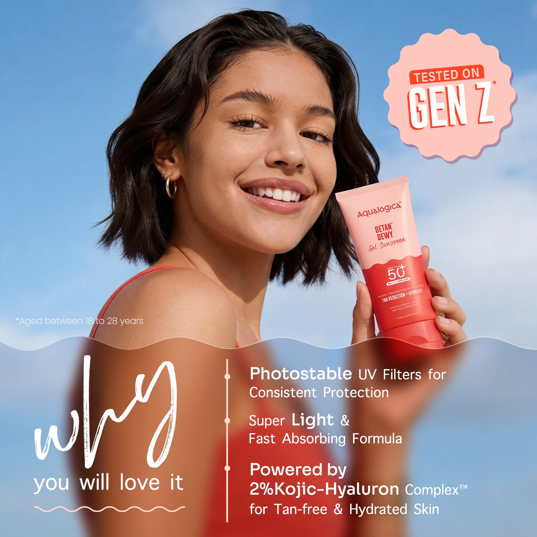 Aqualogica Detan+ Dewy Gel Sunscreen SPF 50+ PA++++ with 2% Kojic-Hyaluron Complex & Cherry Tomato (50g) – photo 6