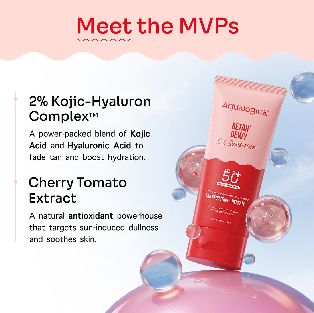Aqualogica Detan+ Dewy Gel Sunscreen SPF 50+ PA++++ with 2% Kojic-Hyaluron Complex & Cherry Tomato (50g) – photo 3