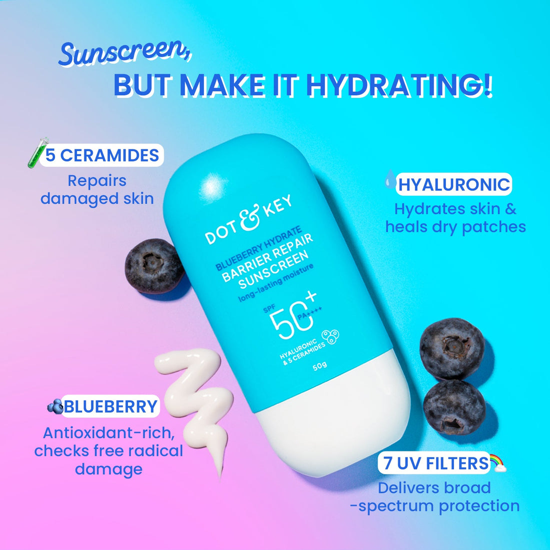 Dot & Key Blueberry Hydrate Barrier Repair Sunscreen SPF 50+ PA++++ (50g) – photo 3