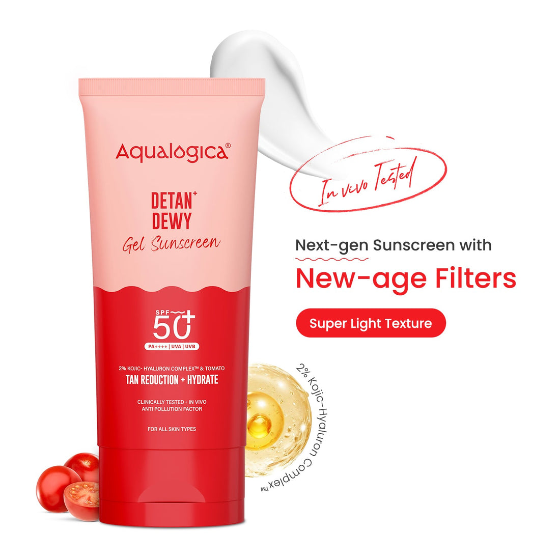 Aqualogica Detan+ Dewy Gel Sunscreen SPF 50+ PA++++ with 2% Kojic-Hyaluron Complex & Cherry Tomato (50g) – photo 2