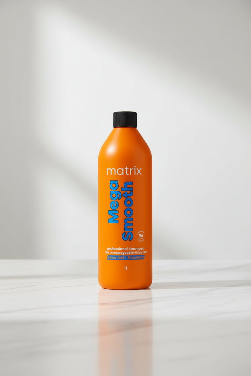 Matrix Mega Smooth Shampoo in a 1L orange bottle with a black cap, shown on a white background with an orange vertical banner reading 'MEGA SMOOTH SHAMPOO' and a '1000 ml' label.