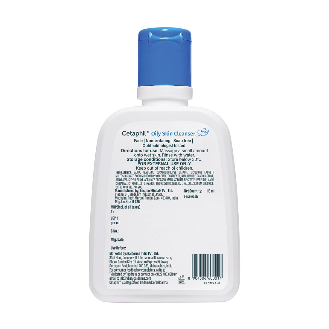 Cetaphil Oily Skin Cleanser 118 ml — back label