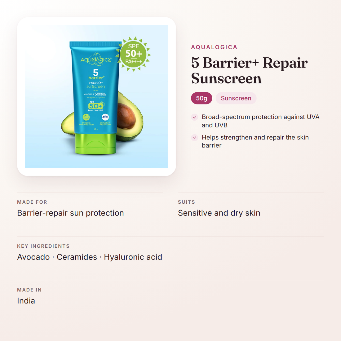 Aqualogica 5 Barrier+ Repair Sunscreen (50g) – at a glance: what it is for, who it suits and key ingredients