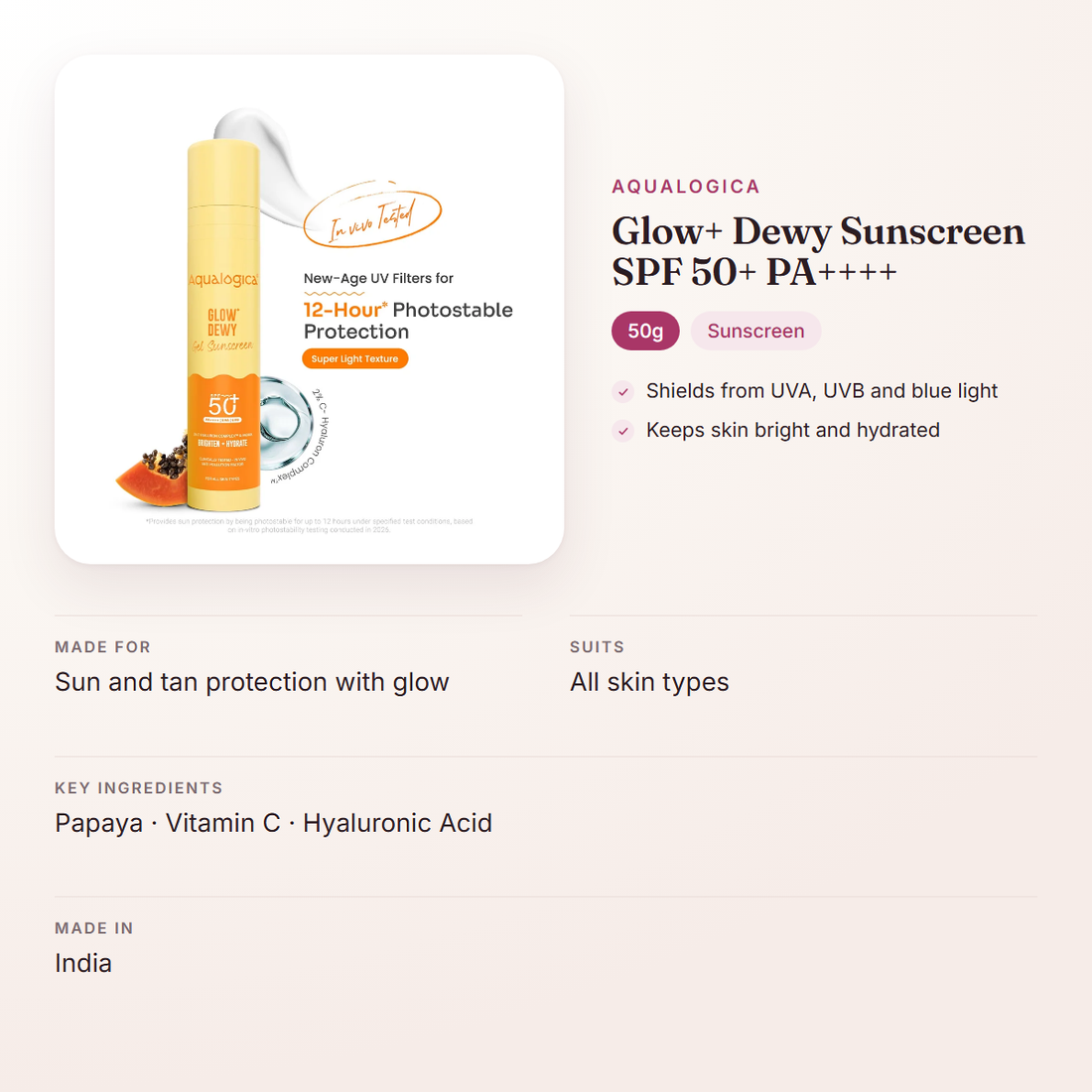 Aqualogica Glow+ Dewy Sunscreen SPF 50+ PA++++ (50g) – at a glance: what it is for, who it suits and key ingredients