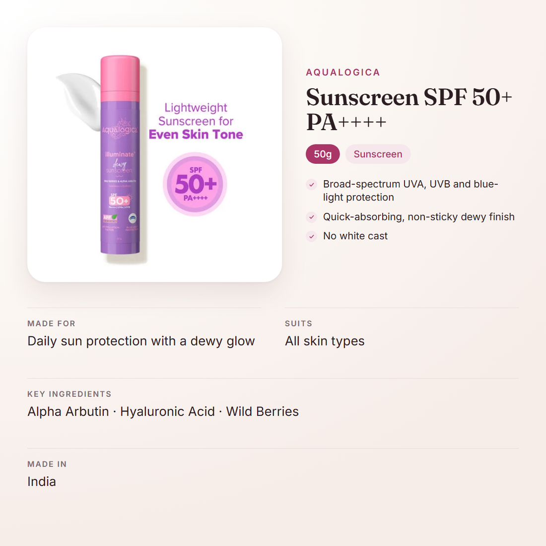 Aqualogica Sunscreen SPF 50+ PA++++ (50g) – at a glance: what it is for, who it suits and key ingredients