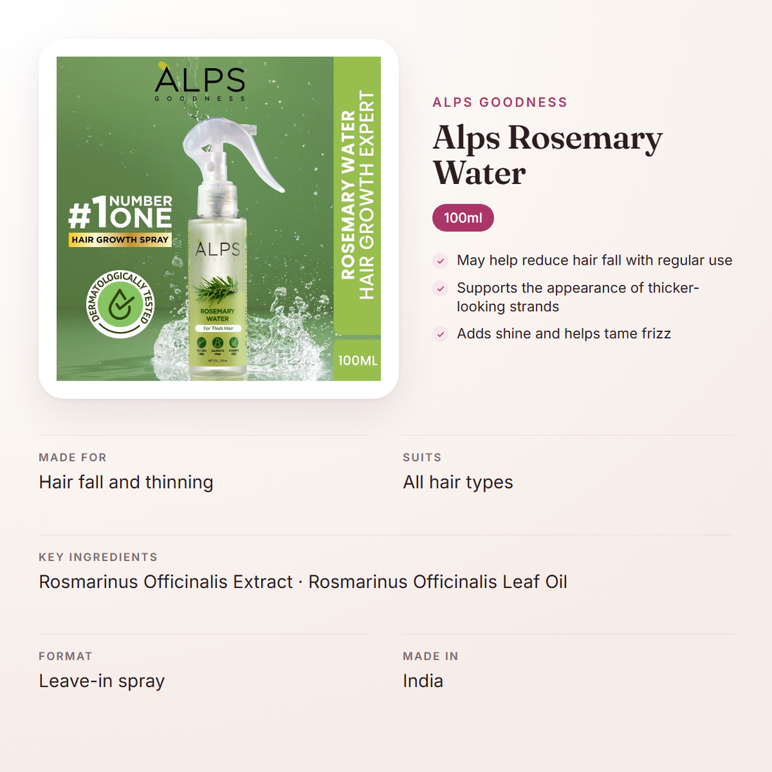 Alps Goodness Alps Rosemary Water (100ml) – at a glance: what it is for, who it suits and key ingredients