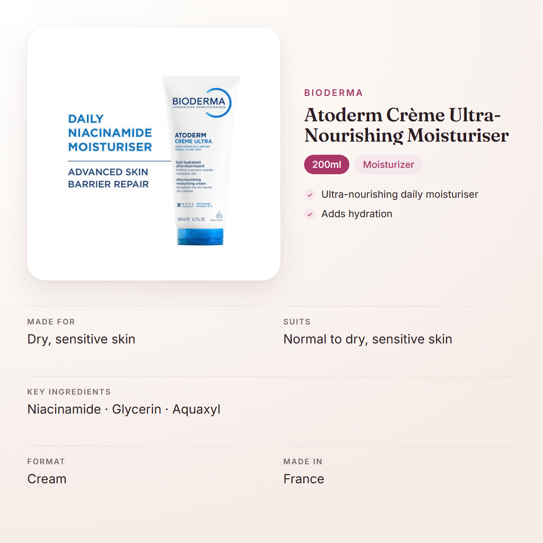 Bioderma Atoderm Crème Ultra-Nourishing Moisturiser (200ml) – at a glance: what it is for, who it suits and key ingredients