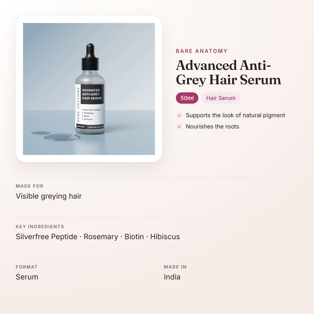 Bare Anatomy Advanced Anti-Grey Hair Serum (50ml) – at a glance: what it is for, who it suits and key ingredients