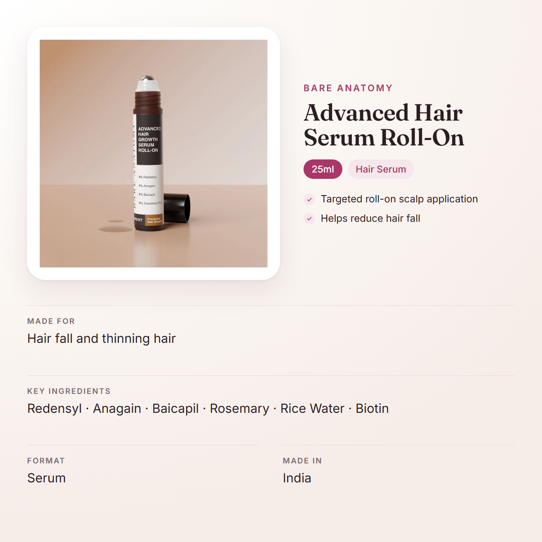 Bare Anatomy Advanced Hair Serum Roll-On (25ml) – at a glance: what it is for, who it suits and key ingredients
