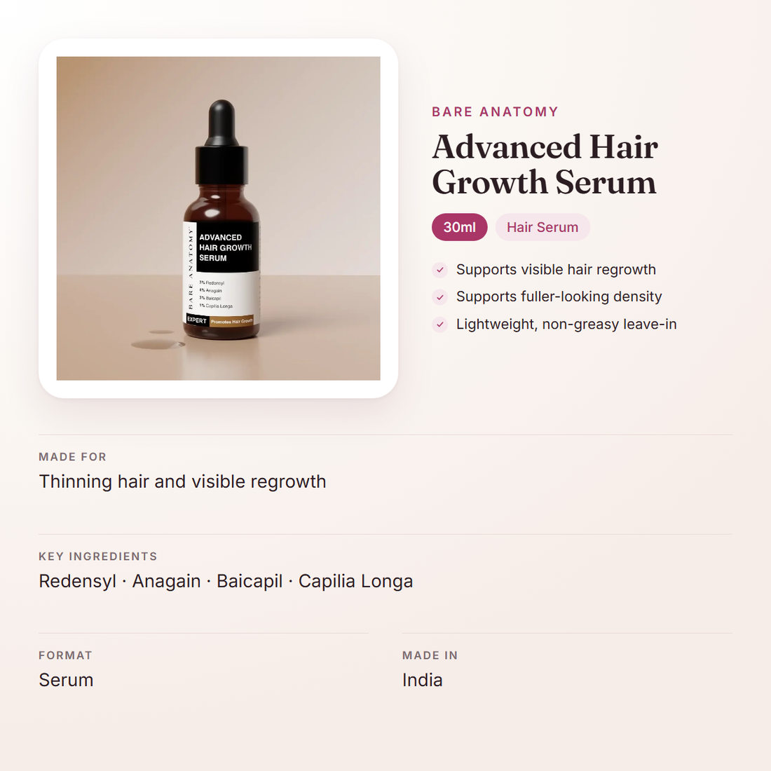Bare Anatomy Advanced Hair Growth Serum (30ml) – at a glance: what it is for, who it suits and key ingredients