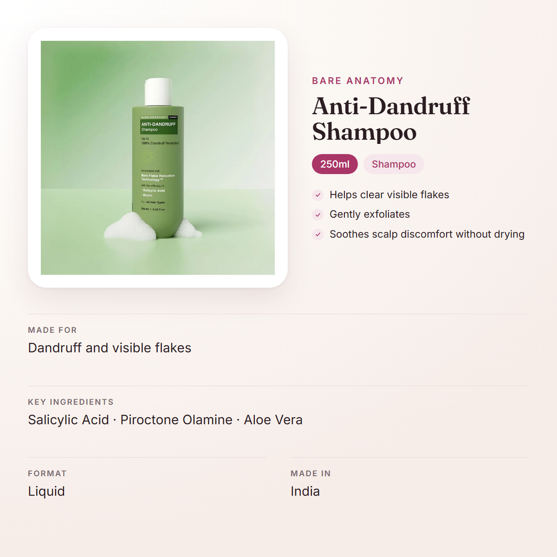 Bare Anatomy Anti-Dandruff Shampoo (250ml) – at a glance: what it is for, who it suits and key ingredients
