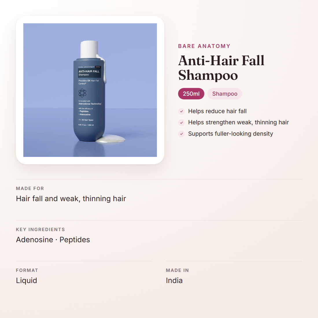 Bare Anatomy Anti-Hair Fall Shampoo (250ml) – at a glance: what it is for, who it suits and key ingredients