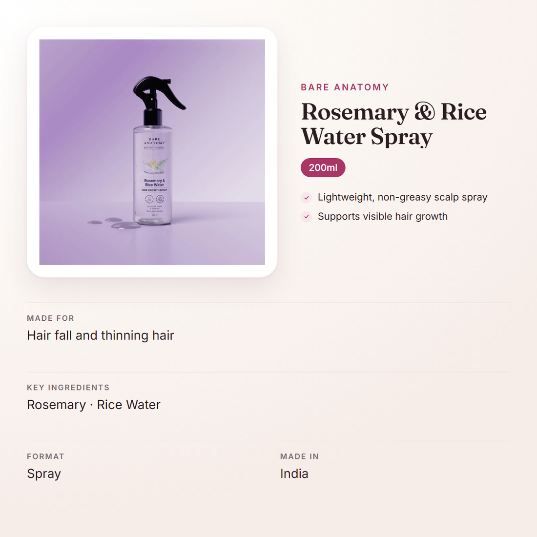 Bare Anatomy Rosemary & Rice Water Spray (200ml) – at a glance: what it is for, who it suits and key ingredients