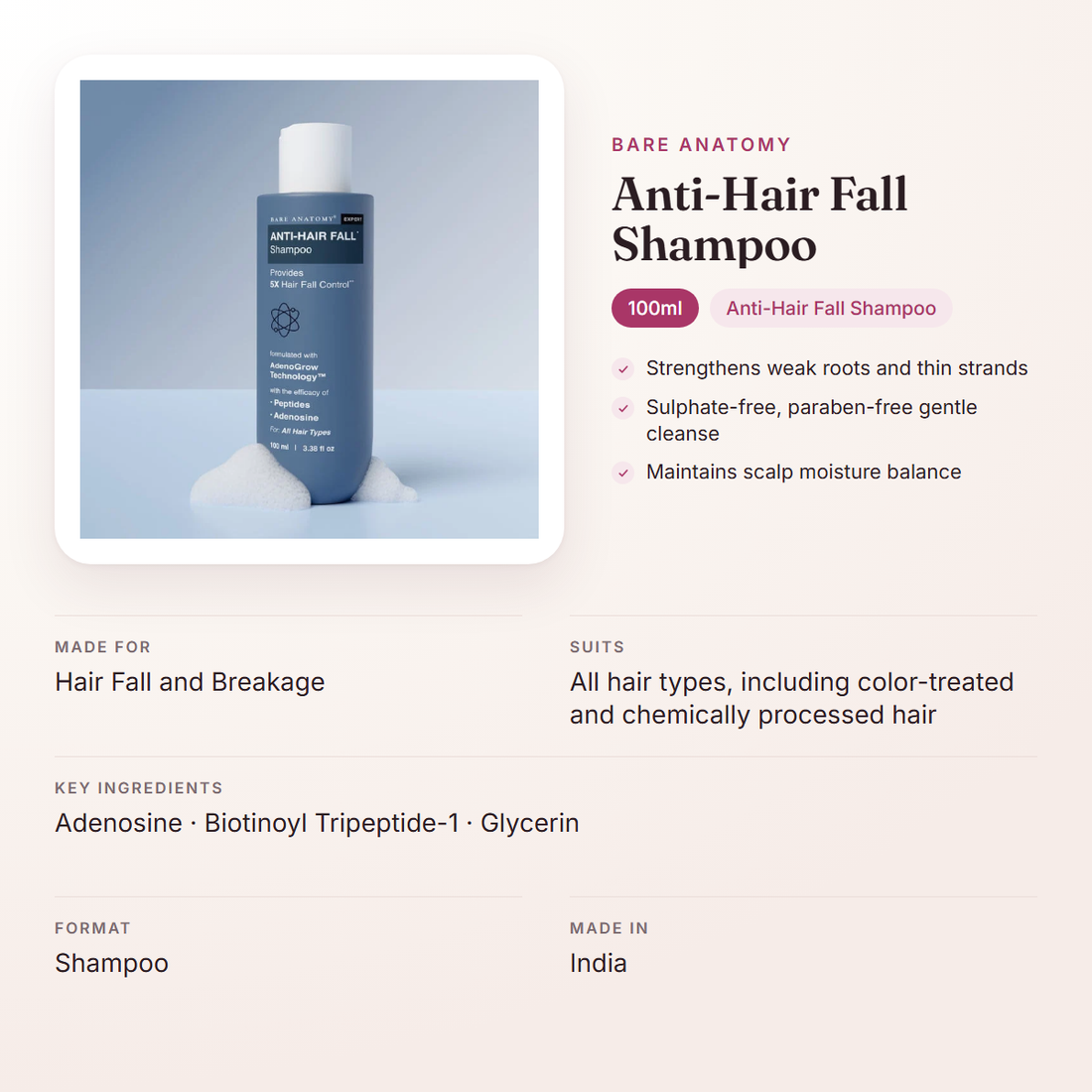 Bare Anatomy Anti-Hair Fall Shampoo (100ml) – at a glance: what it is for, who it suits and key ingredients