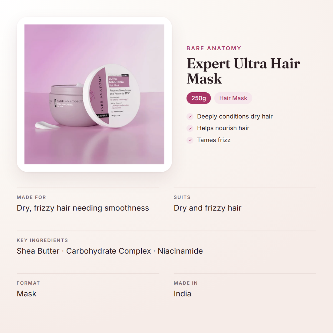 Bare Anatomy Expert Ultra Hair Mask (250g) – at a glance: what it is for, who it suits and key ingredients