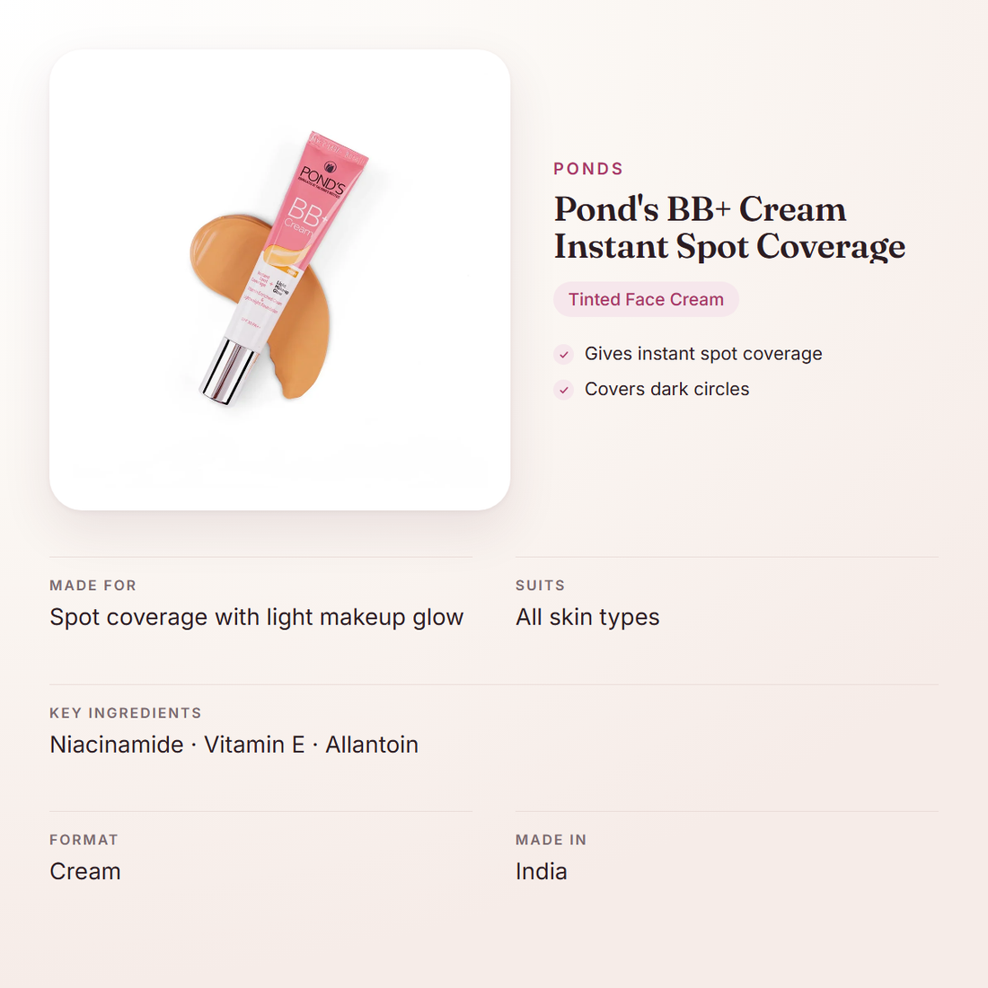 Ponds Pond's BB+ Cream Instant Spot Coverage – at a glance: what it is for, who it suits and key ingredients