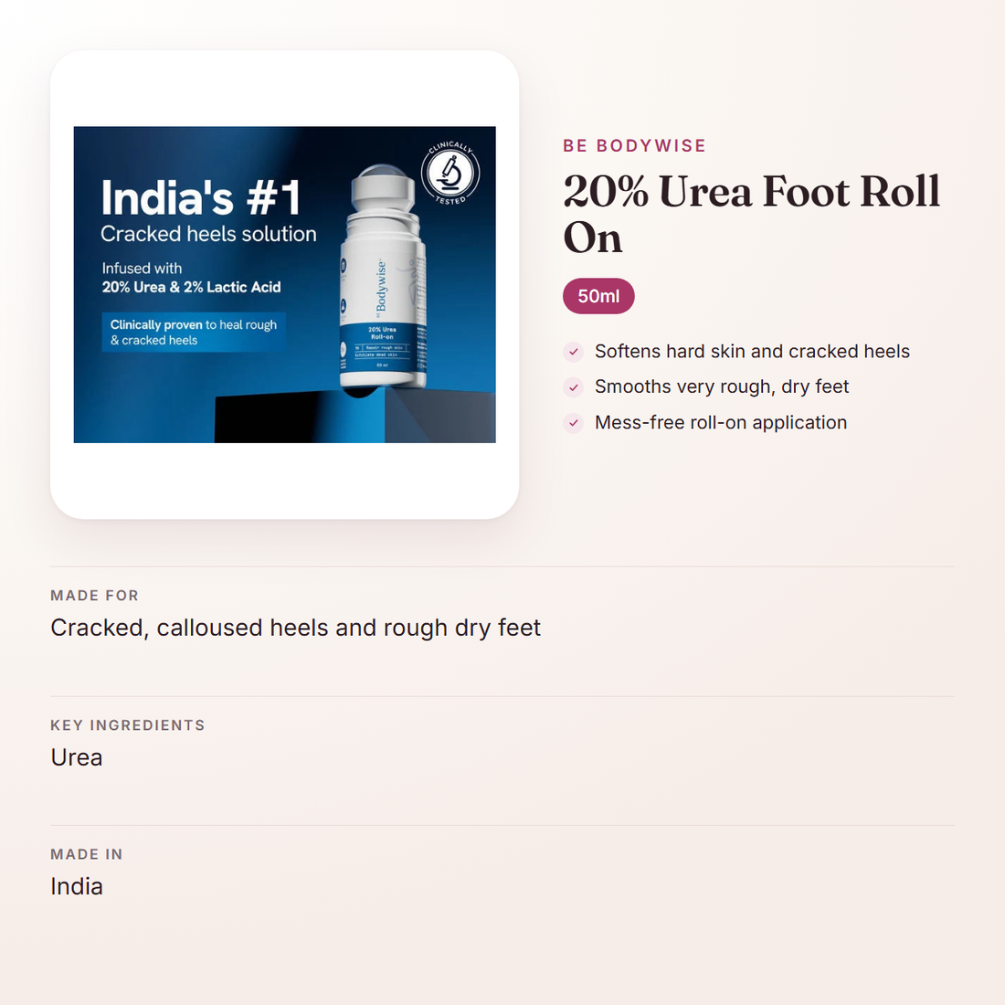 Be Bodywise 20% Urea Foot Roll On (50ml) – at a glance: what it is for, who it suits and key ingredients