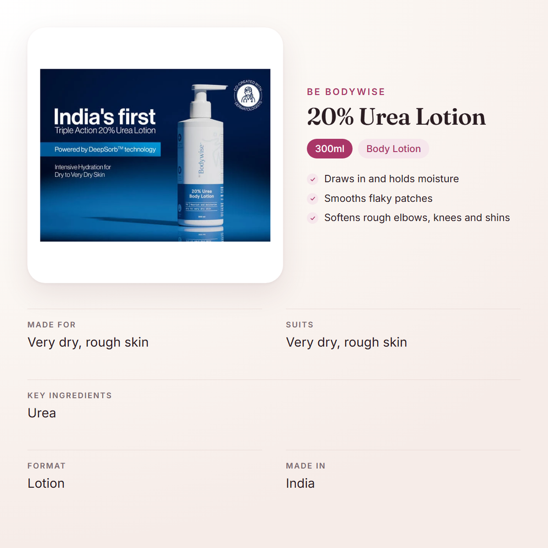 Be Bodywise 20% Urea Lotion (300ml) – at a glance: what it is for, who it suits and key ingredients