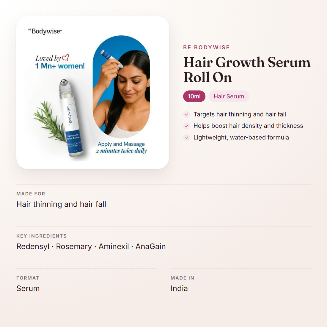 Be Bodywise Hair Growth Serum Roll On (10ml) – at a glance: what it is for, who it suits and key ingredients