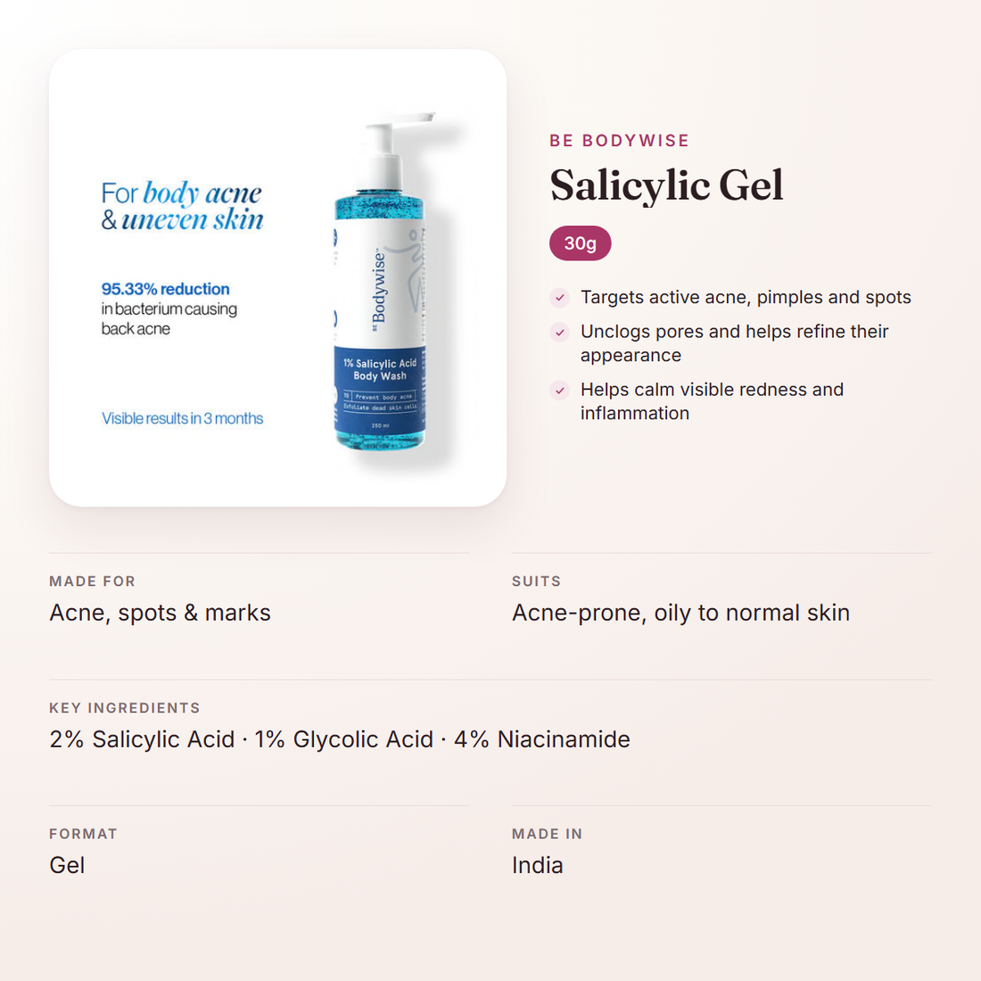 Be Bodywise Salicylic Gel (30g) – at a glance: what it is for, who it suits and key ingredients