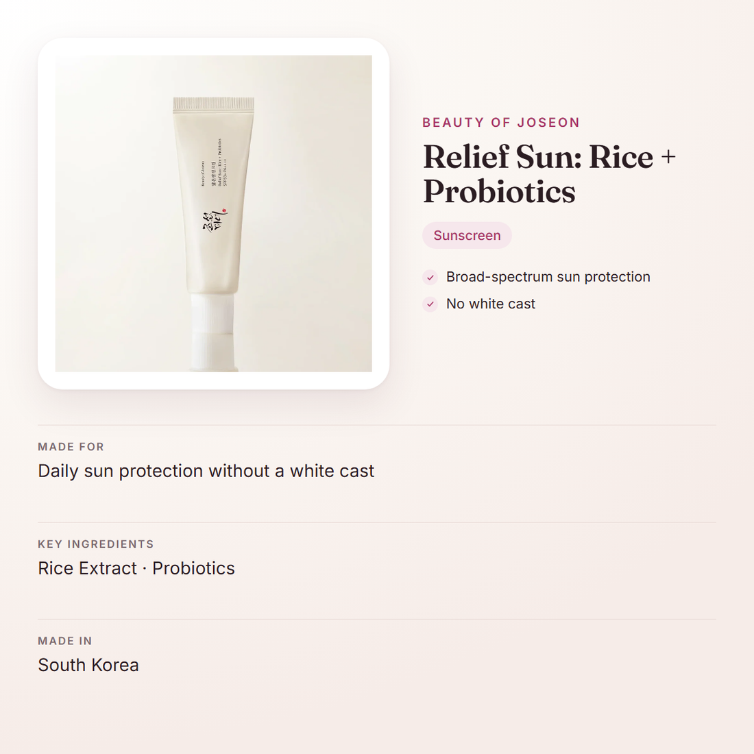 Beauty of Joseon Relief Sun: Rice + Probiotics – at a glance: what it is for, who it suits and key ingredients