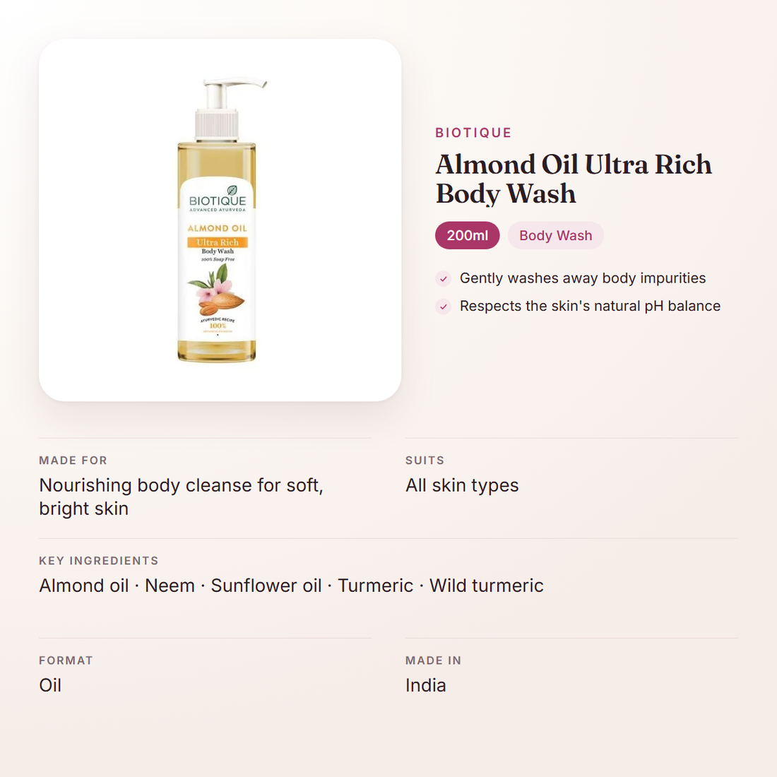 Biotique Almond Oil Ultra Rich Body Wash (200ml) – at a glance: what it is for, who it suits and key ingredients