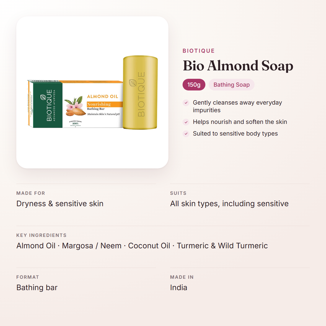 Biotique Bio Almond Soap (150g) – at a glance: what it is for, who it suits and key ingredients
