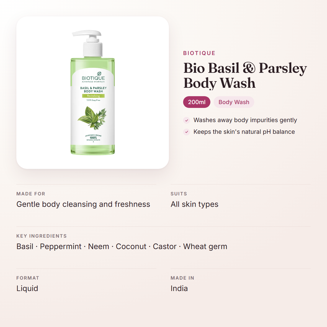 Biotique Bio Basil & Parsley Body Wash (200ml) – at a glance: what it is for, who it suits and key ingredients