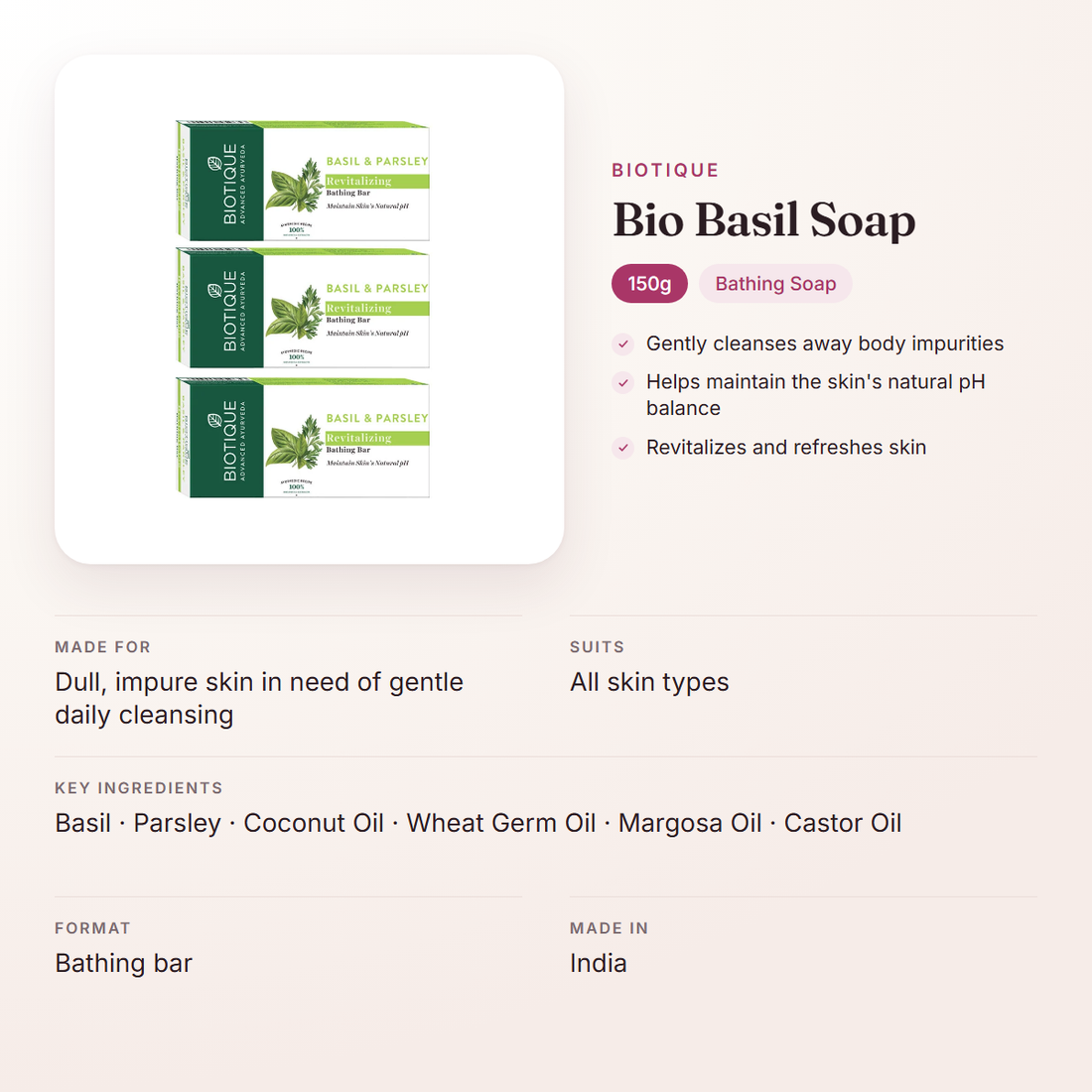 Biotique Bio Basil Soap (150g) – at a glance: what it is for, who it suits and key ingredients