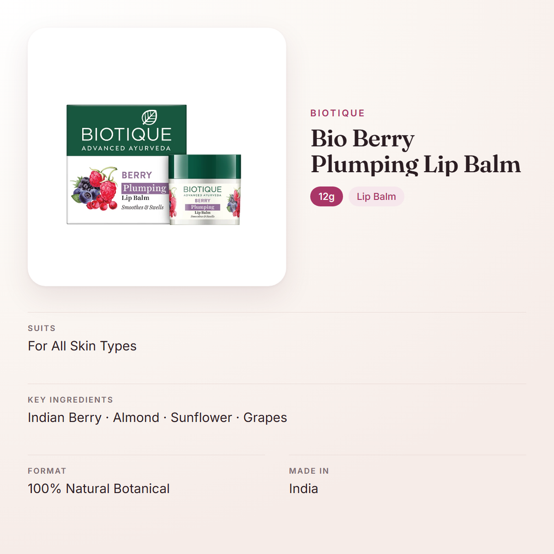 Biotique Bio Berry Plumping Lip Balm (12g) – at a glance: what it is for, who it suits and key ingredients