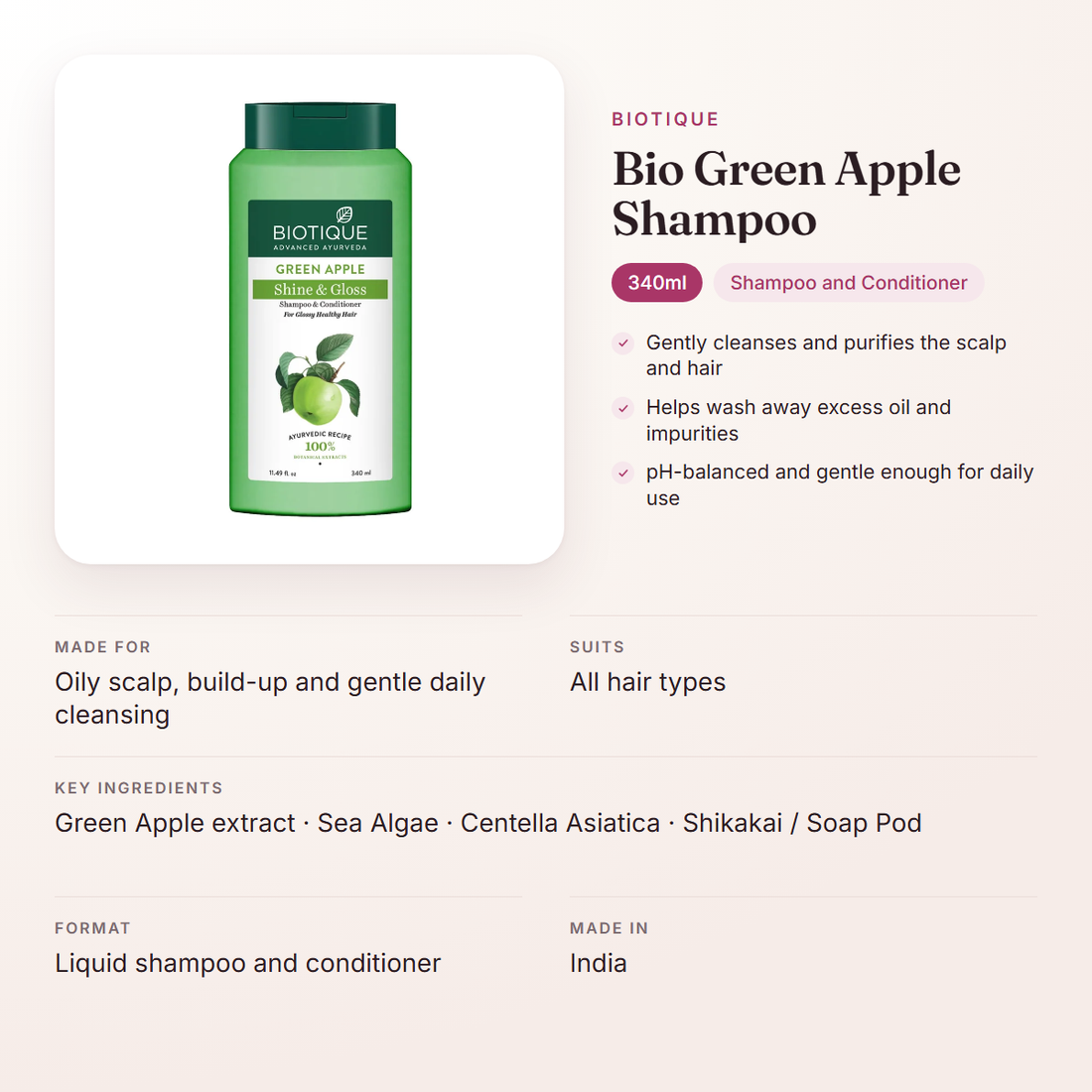 Biotique Bio Green Apple Shampoo (340ml) – at a glance: what it is for, who it suits and key ingredients