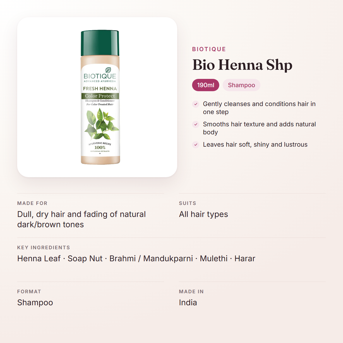 Biotique Bio Henna Shp (190ml) – at a glance: what it is for, who it suits and key ingredients