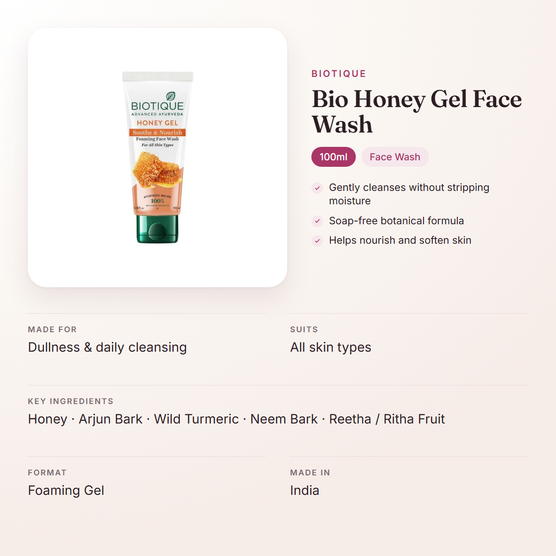 Biotique Bio Honey Gel Face Wash (100ml) – at a glance: what it is for, who it suits and key ingredients