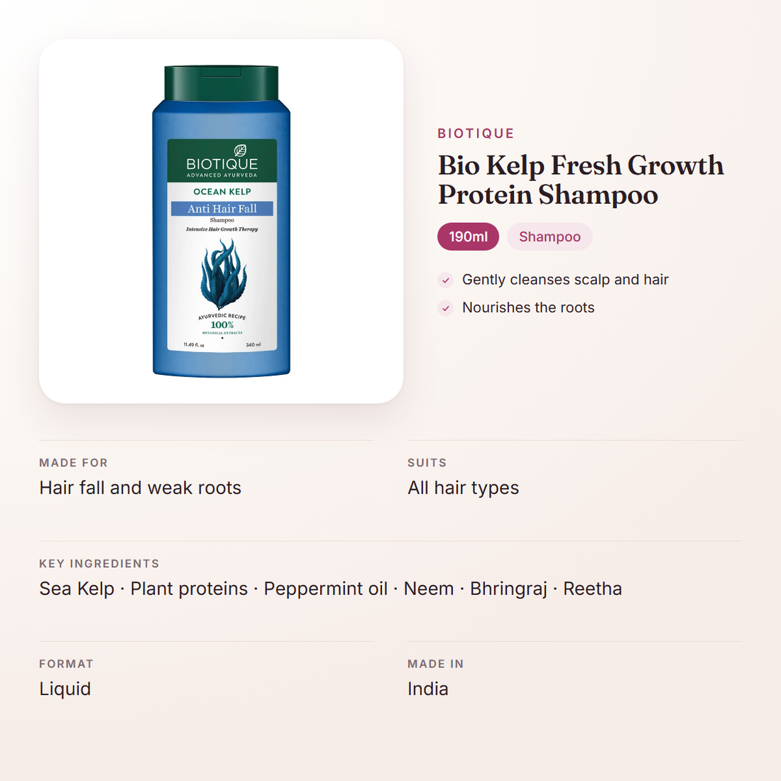Biotique Bio Kelp Fresh Growth Protein Shampoo (190ml) – at a glance: what it is for, who it suits and key ingredients