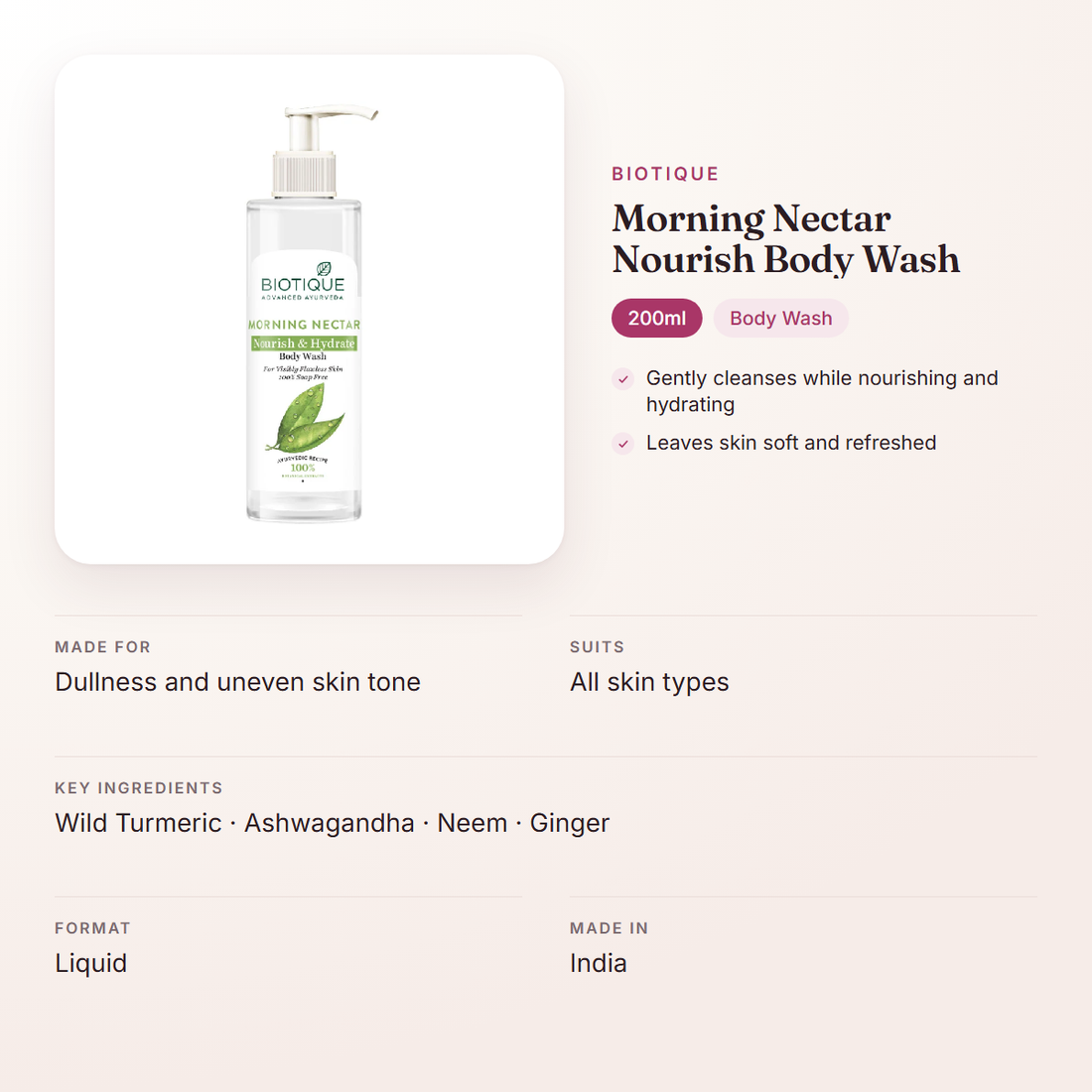 Biotique Morning Nectar Nourish Body Wash (200ml) – at a glance: what it is for, who it suits and key ingredients