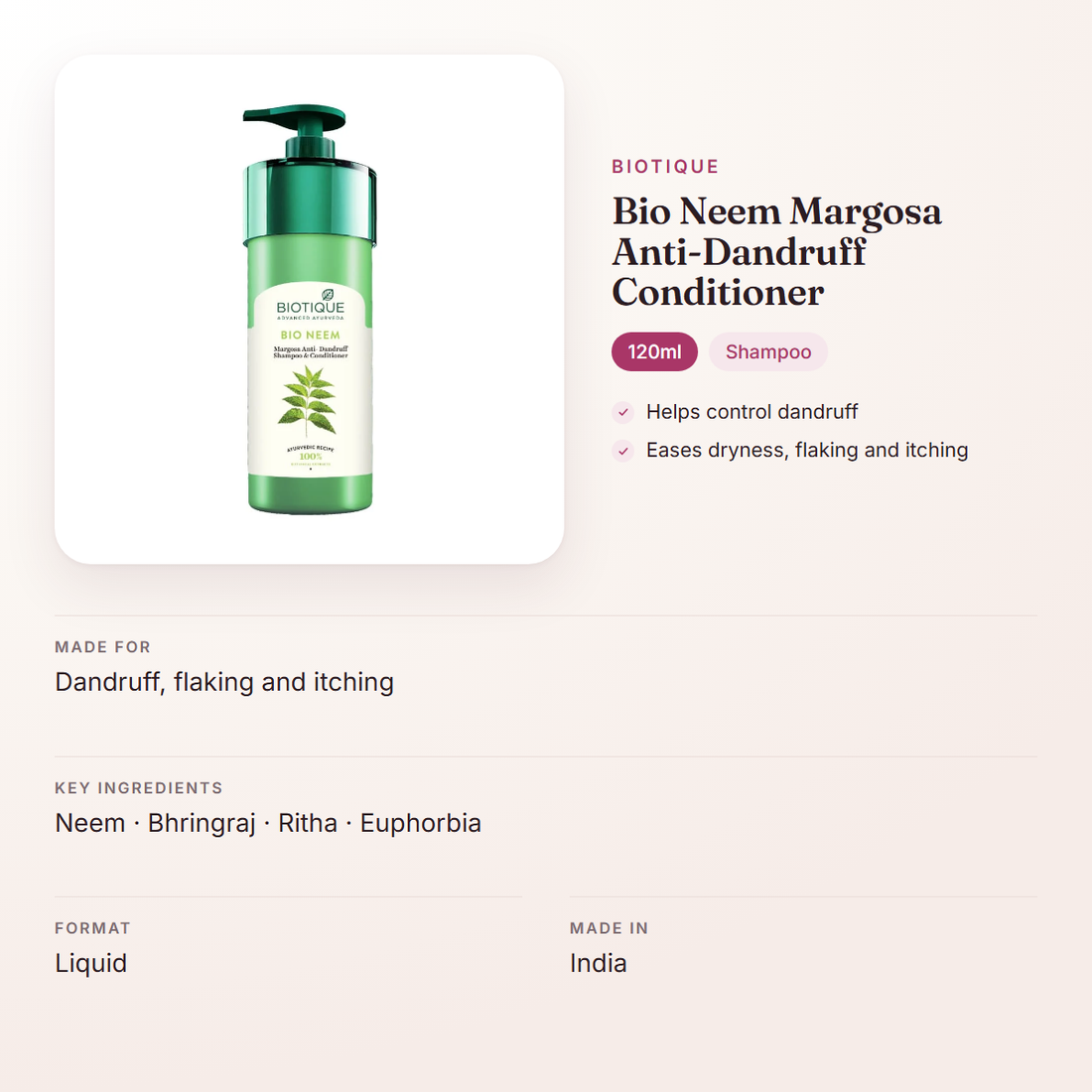 Biotique Bio Neem Margosa Anti-Dandruff Conditioner (120ml) – at a glance: what it is for, who it suits and key ingredients