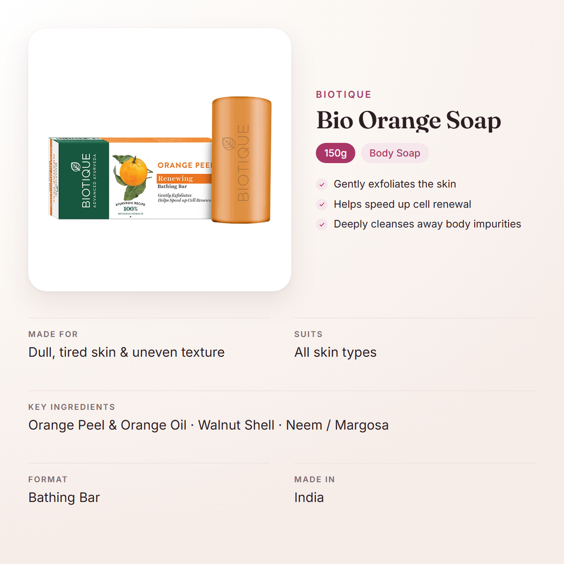 Biotique Bio Orange Soap (150g) – at a glance: what it is for, who it suits and key ingredients