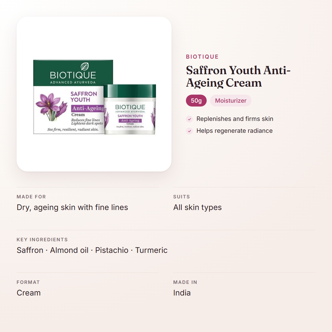 Biotique Saffron Youth Anti-Ageing Cream (50g) – at a glance: what it is for, who it suits and key ingredients