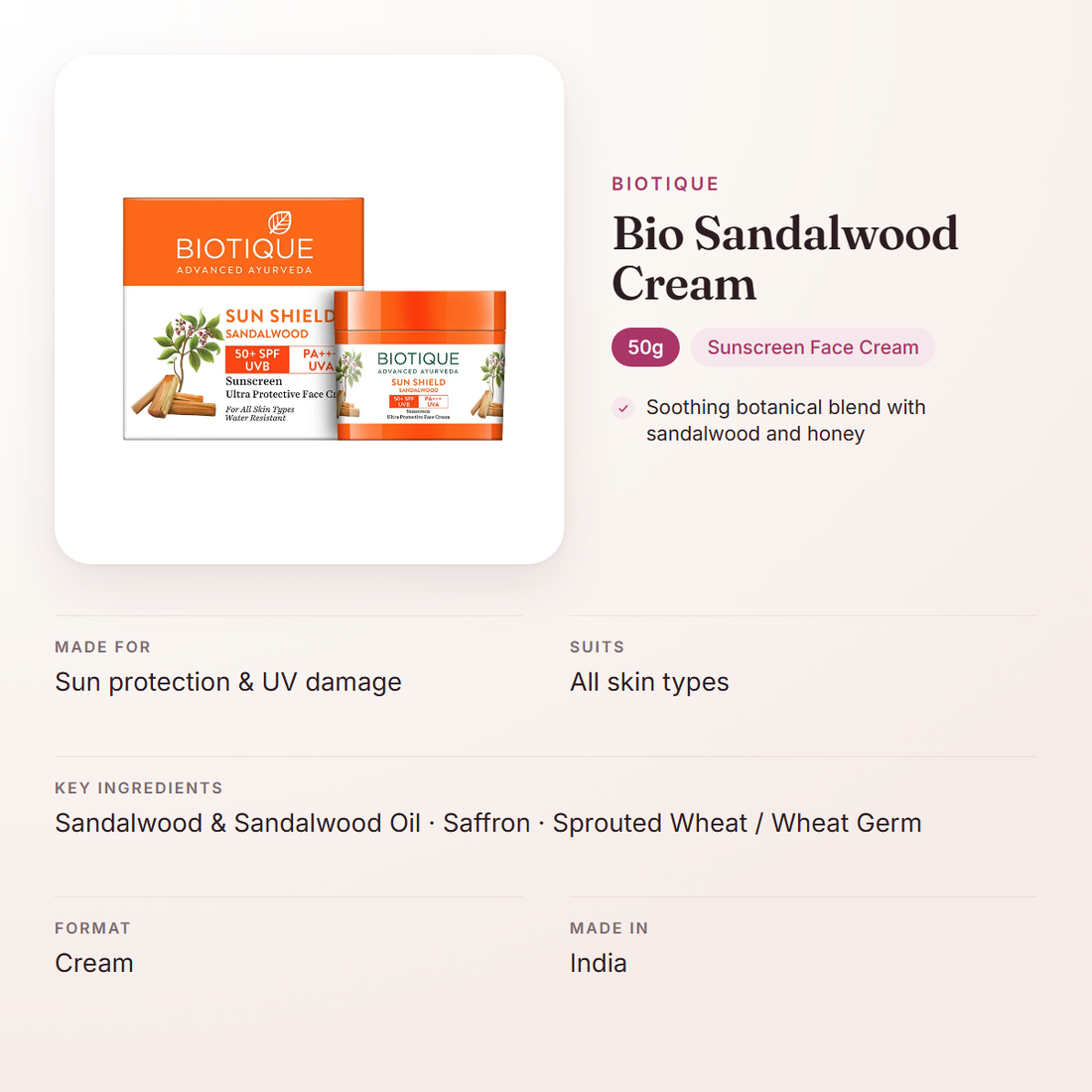Biotique Bio Sandalwood Cream (50g) – at a glance: what it is for, who it suits and key ingredients