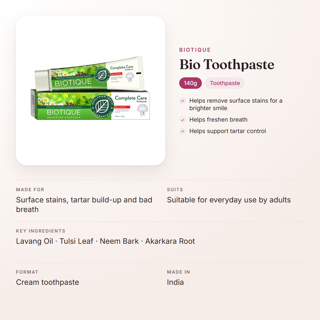 Biotique Bio Toothpaste (140g) – at a glance: what it is for, who it suits and key ingredients