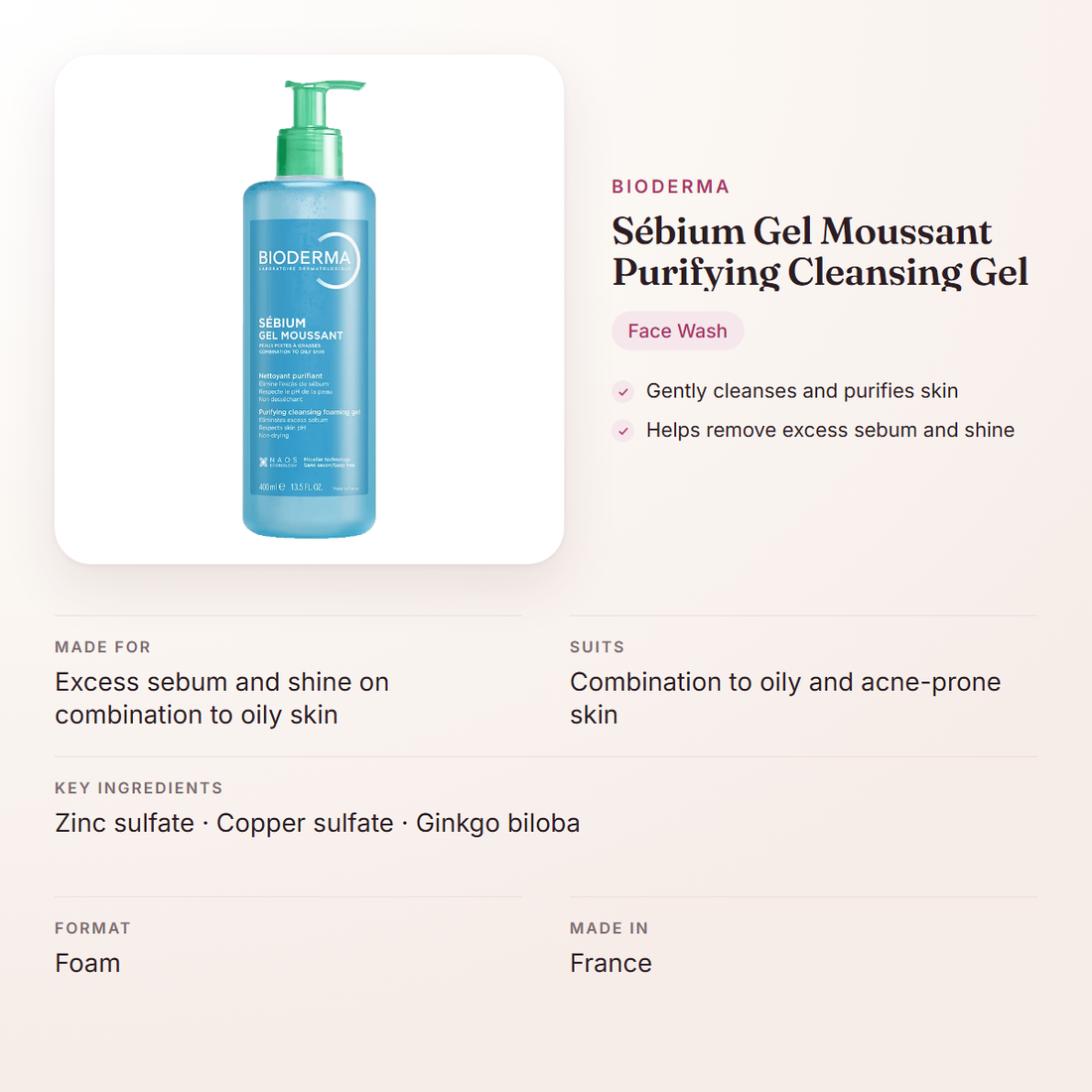 Bioderma Sébium Gel Moussant Purifying Cleansing Gel – at a glance: what it is for, who it suits and key ingredients