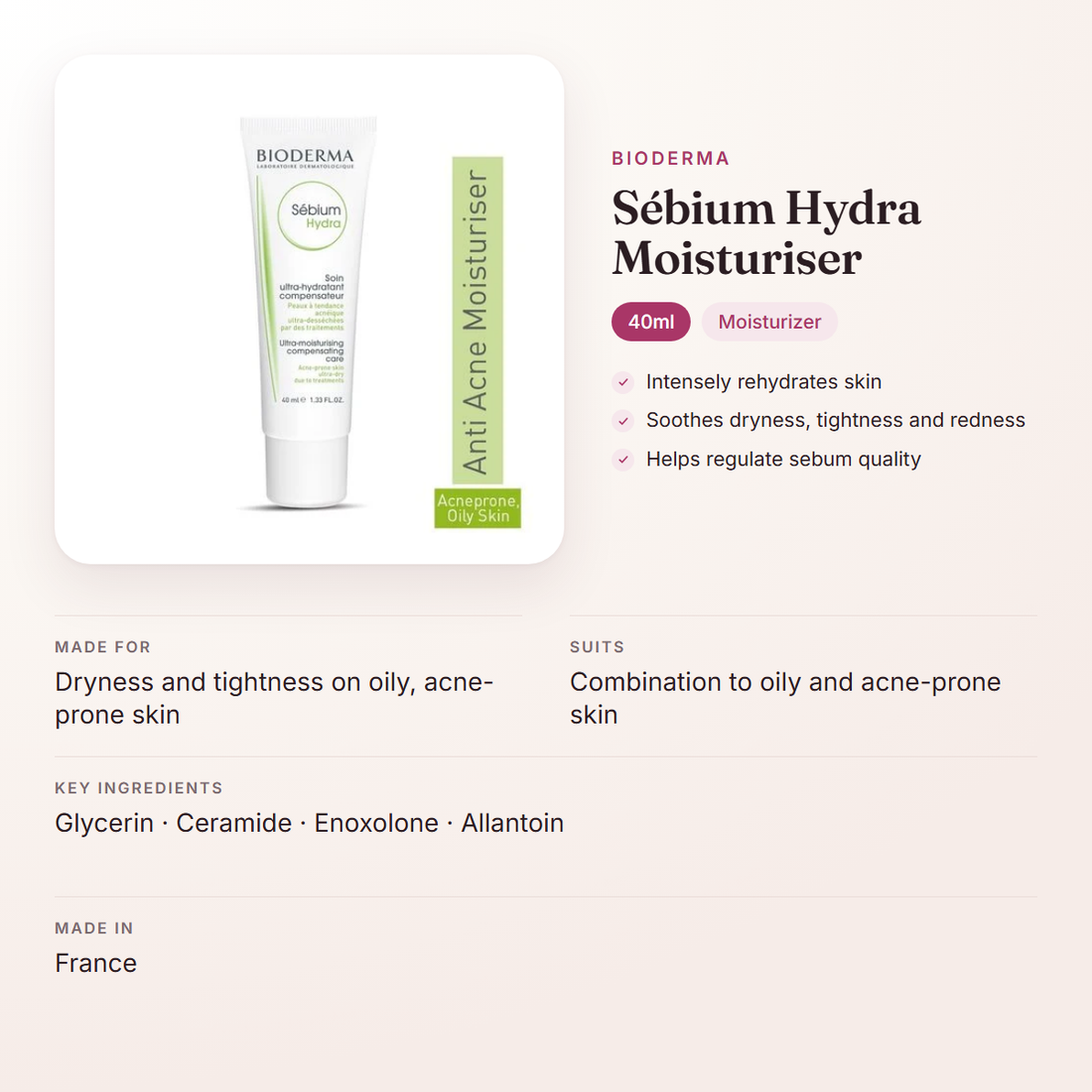 Bioderma Sébium Hydra Moisturiser (40ml) – at a glance: what it is for, who it suits and key ingredients