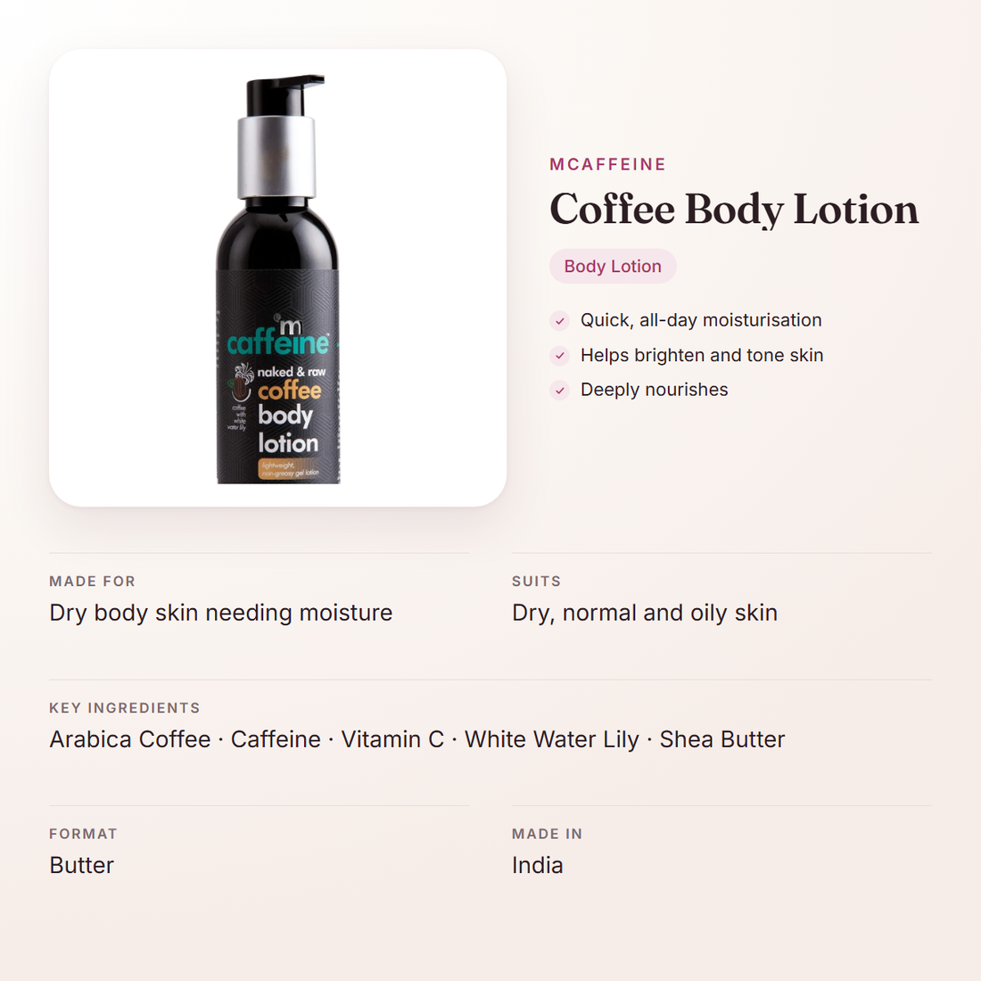 mCaffeine Coffee Body Lotion – at a glance: what it is for, who it suits and key ingredients