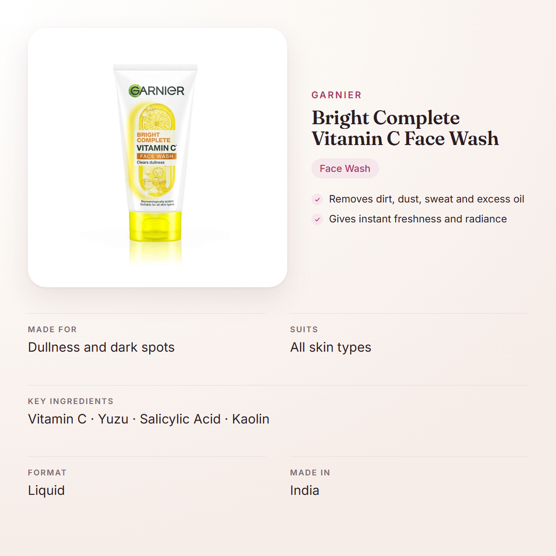 Garnier Bright Complete Vitamin C Face Wash – at a glance: what it is for, who it suits and key ingredients