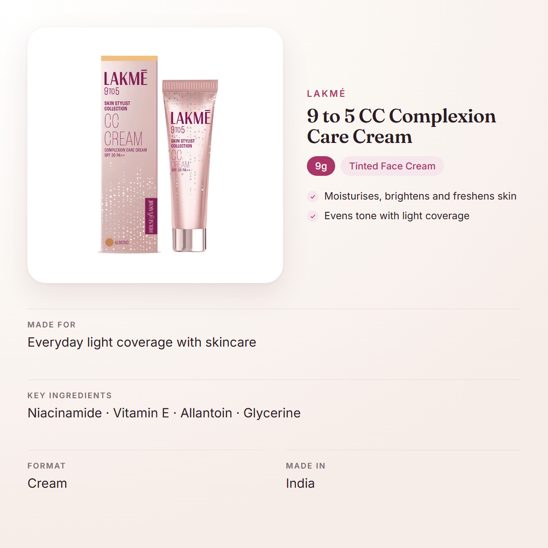 Lakmé 9 to 5 CC Complexion Care Cream (9g) – at a glance: what it is for, who it suits and key ingredients