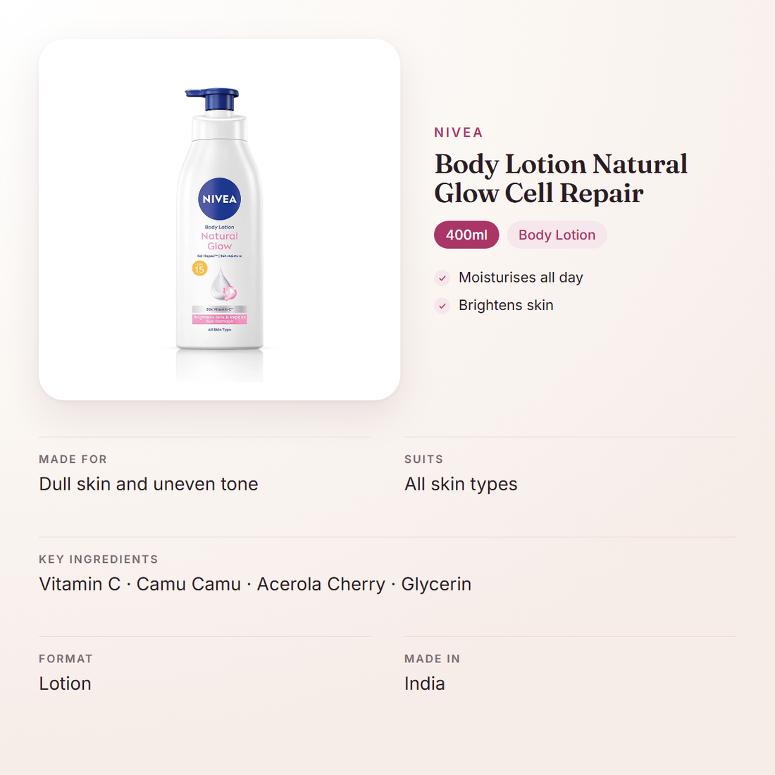 Nivea Body Lotion Natural Glow Cell Repair (400ml) – at a glance: what it is for, who it suits and key ingredients