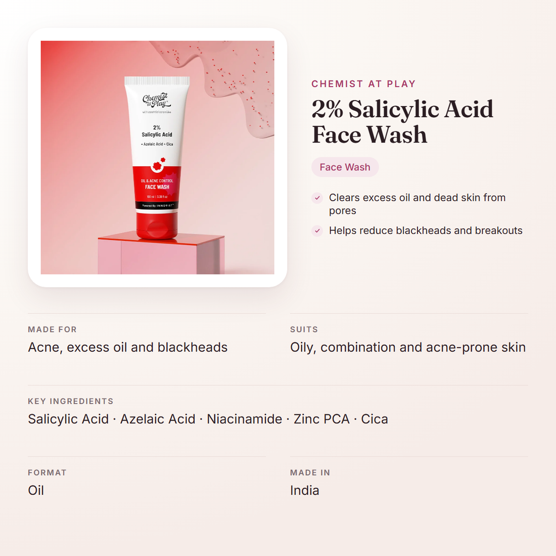 Chemist At Play 2% Salicylic Acid Face Wash – at a glance: what it is for, who it suits and key ingredients